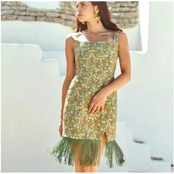 Green Floral Embroidered Mini Dress With Fringe Hem & Satin Corset Back $445 NWT - Picture 2 of 8